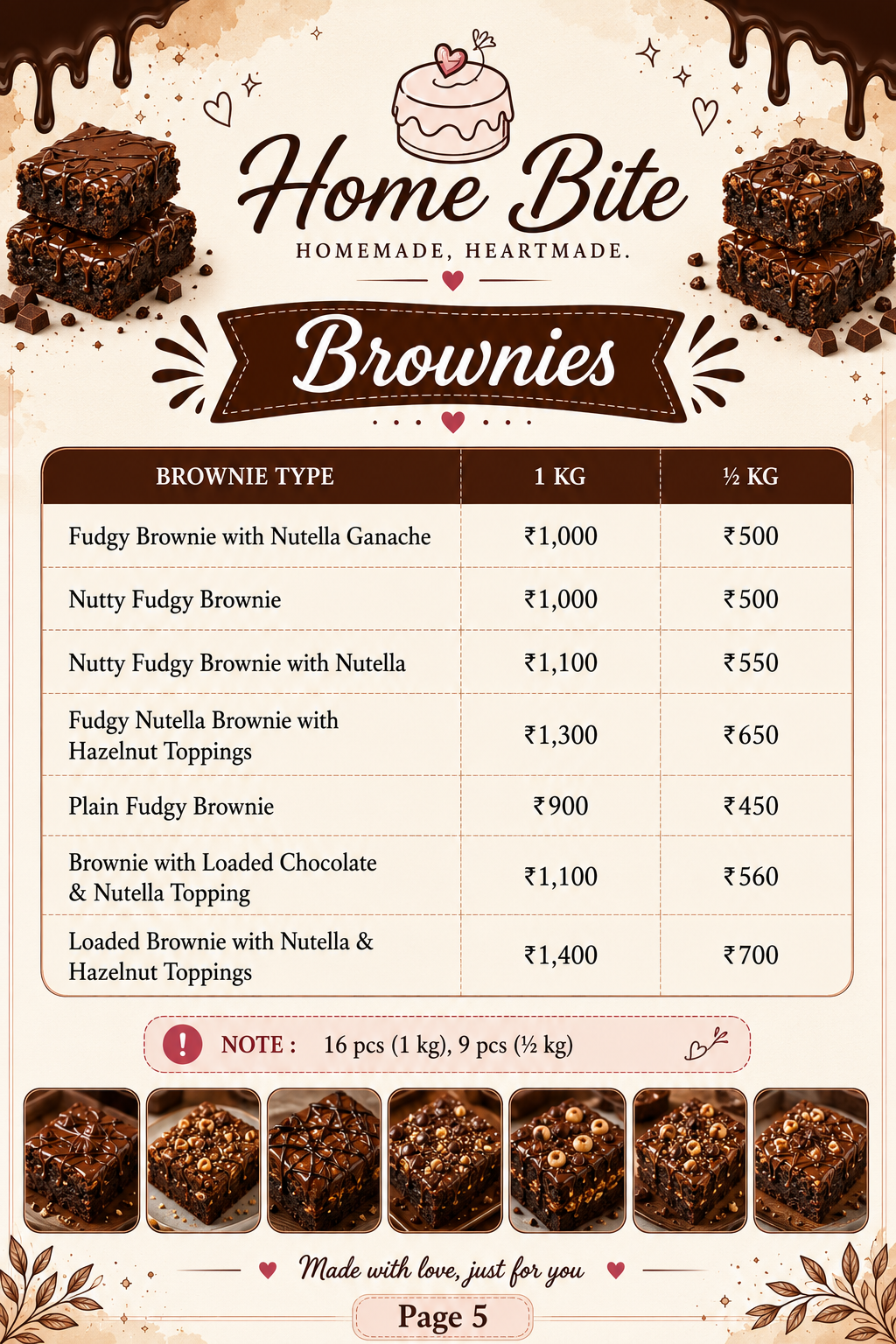 Premium Fudgy Brownies Menu